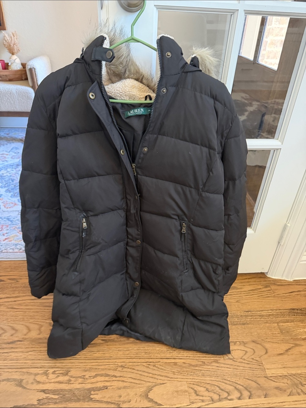 Lauren Ralph Lauren Black Quilted Puffer Coat with Faux Fur Hood